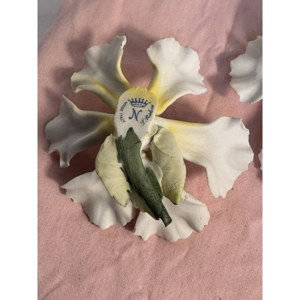 2 Vintage Capodimonte Porcelain Orchid Flower Delicate Bisque Yellow & White